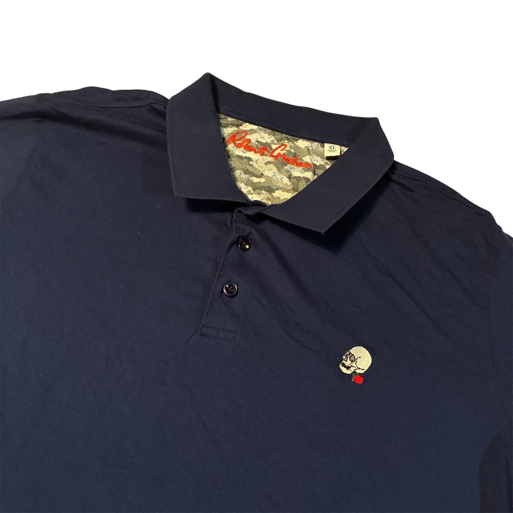 Robert Graham Mens Navy Polo Shirt Skull Rose Embroidery Classic Fit XL